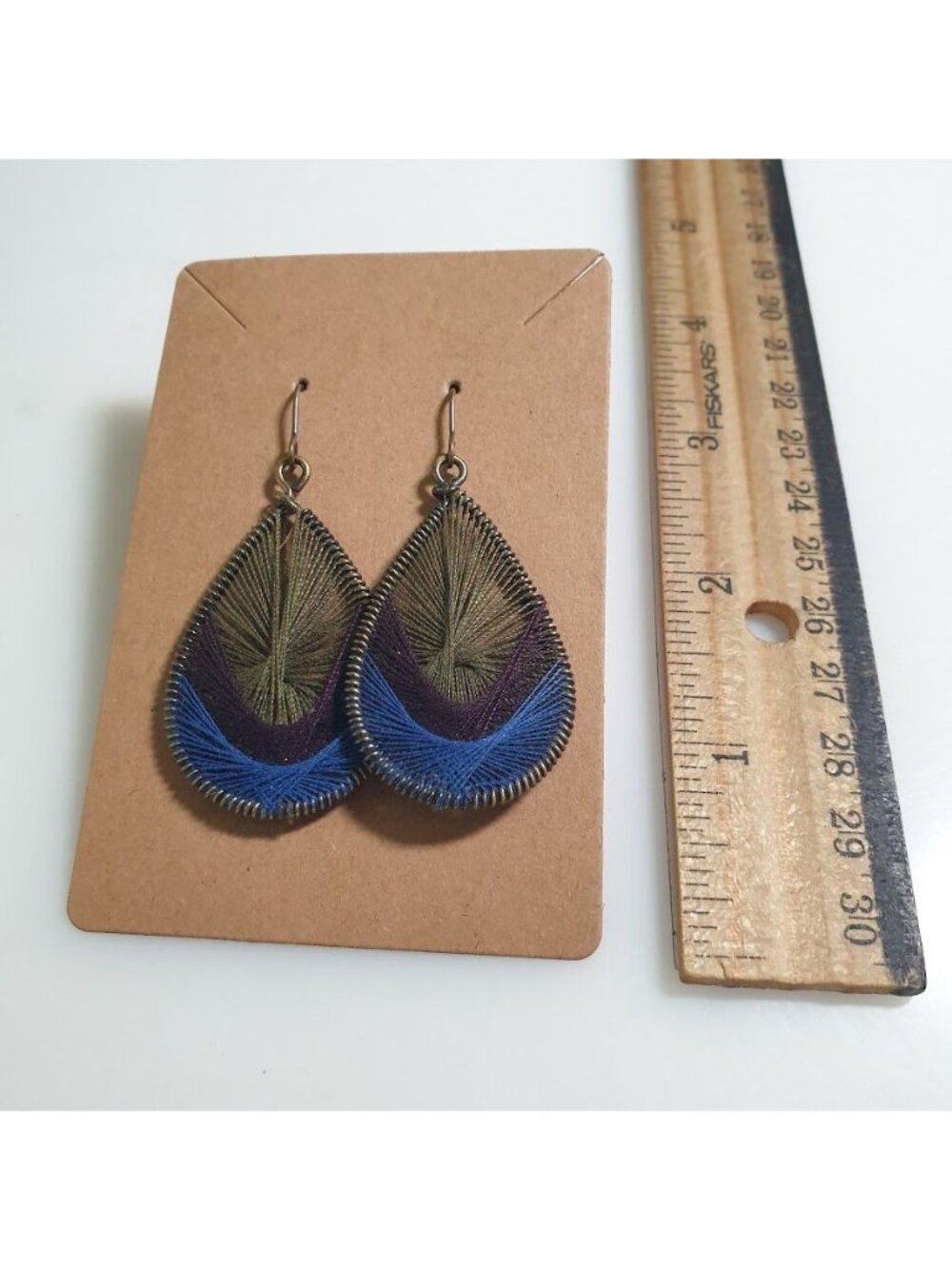 Teardrop Thread Wrapped Earrings Blue Green Purple Hook Closure Jewelry Gift - Picture 3 of 4